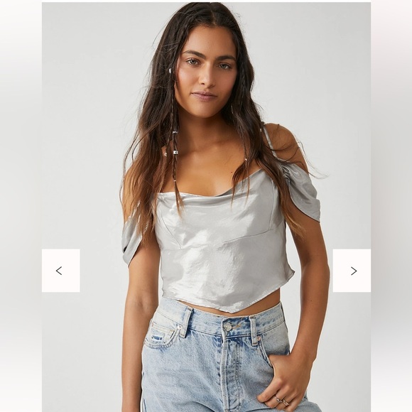 Free People Silver Satin Off-the-Shoulder Top - Picture 1 of 7